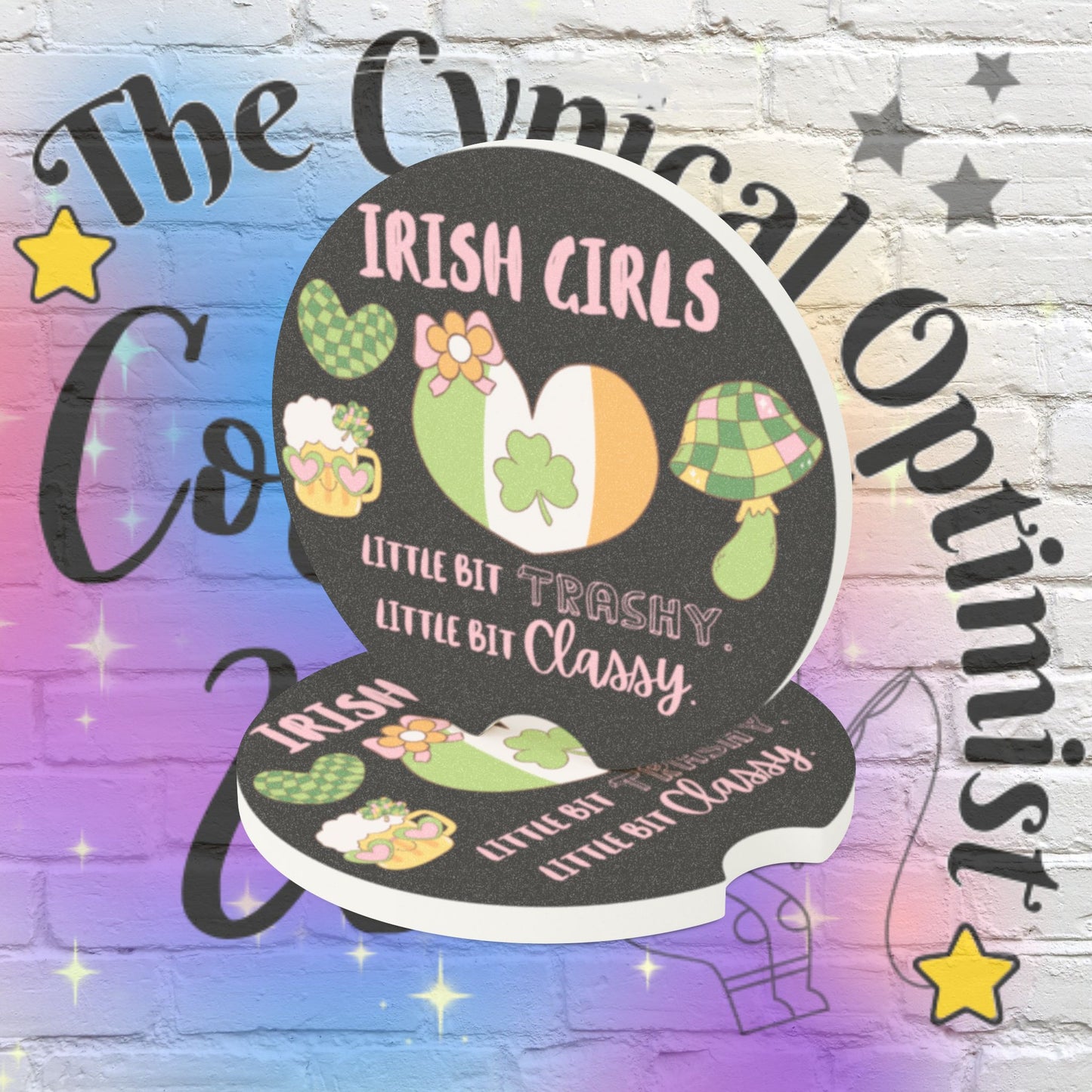 Irish Girls Trashy & Classy Car Coaster - St Patrick's Day Shamrock Beer Soapstone