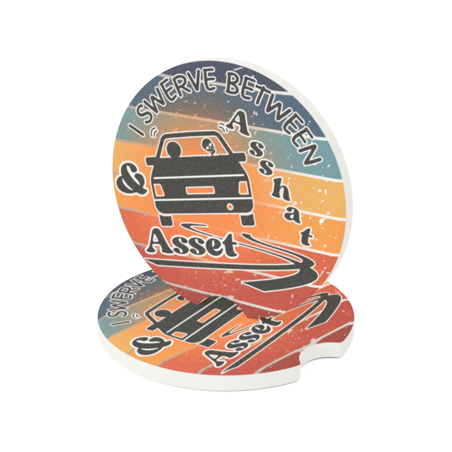 Absorbent Car Coasters - Skeleton Graphic with Colorful Stripes & Funny Quote (Set of 2)