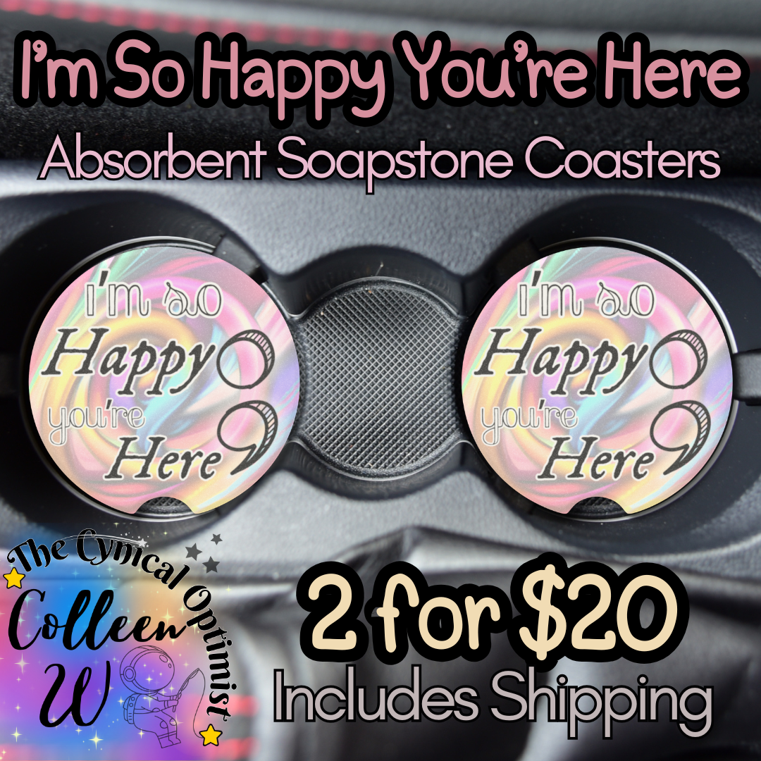 Car Coaster Set, Absorbent Cup Holder Coasters, Swirly Pastel Design, Survivor | I'm So Happy You're Here Semicolon | Free Shipping