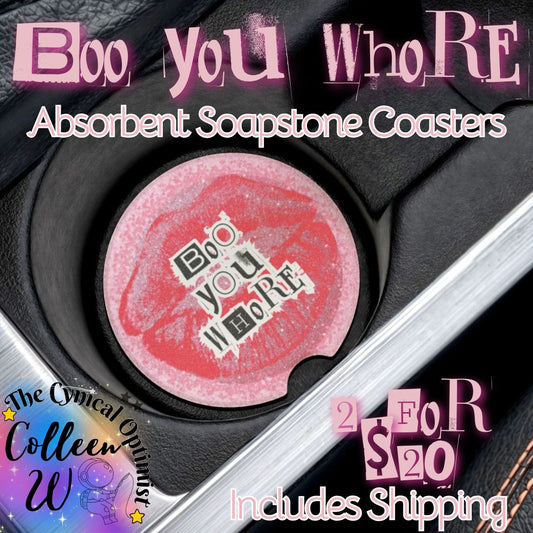 Mean Girls Boo You Whore Car Coaster | Pink Lip Print Soapstone | Movie Quote Gift