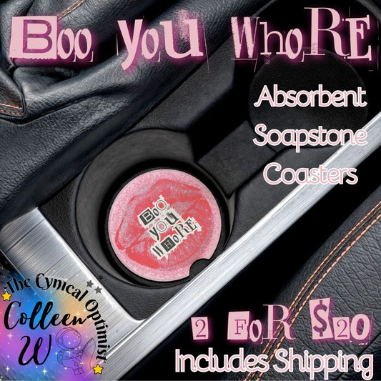 Mean Girls Tribute Soapstone Car Coaster | Pink Lip Print with Ransom Text | Boo You Whore |
