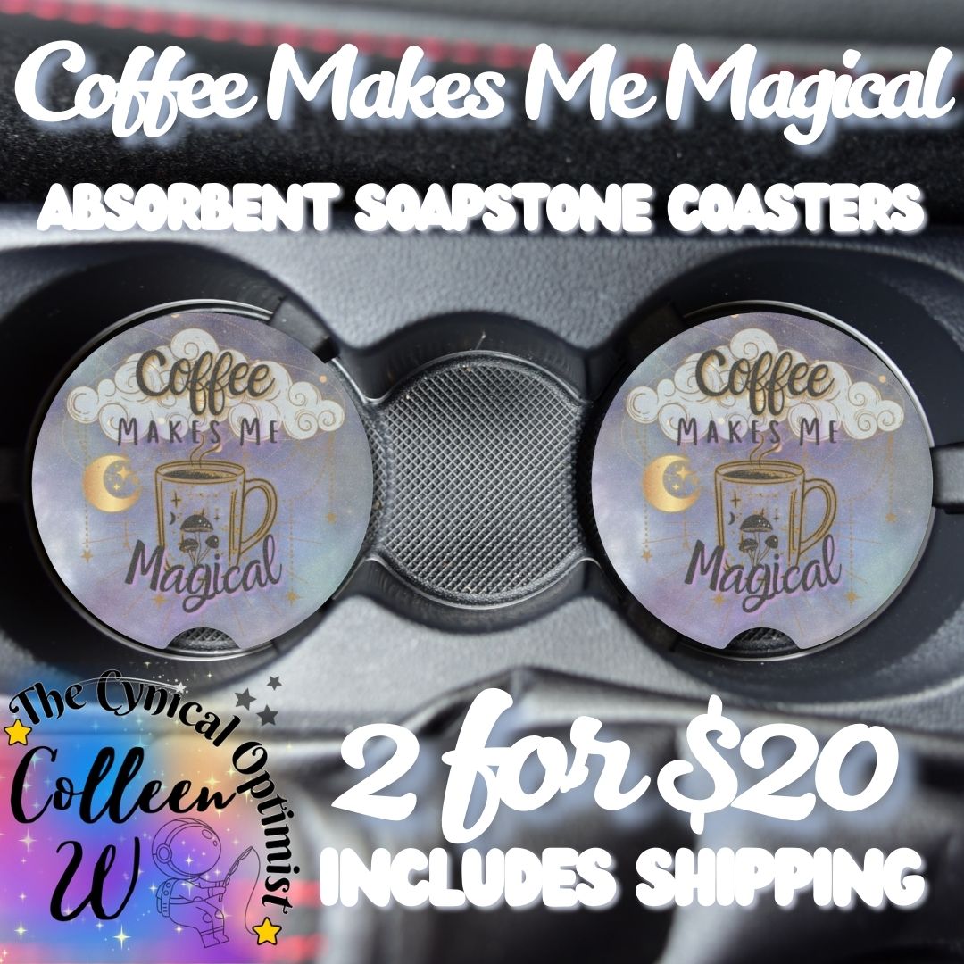 Coffee Makes Me Magical | Teal & Gold Clouds Car Coaster | Coffee Lover Gift
