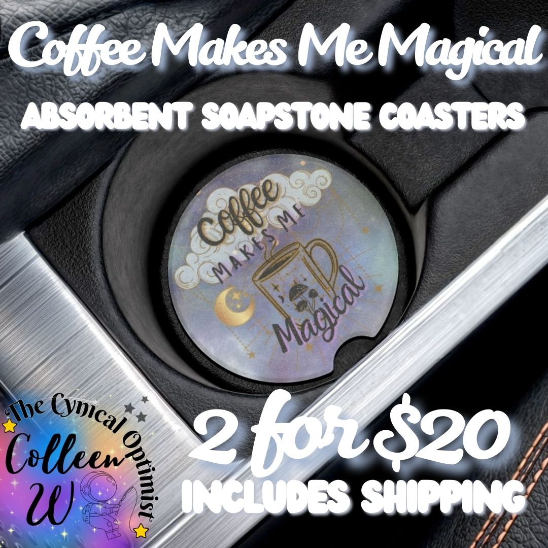 Coffee Makes Me Magical | Teal & Gold Clouds Car Coaster | Coffee Lover Gift