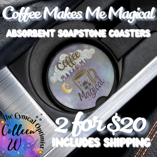Coffee Makes Me Magical | Teal & Gold Clouds Car Coaster | Coffee Lover Gift