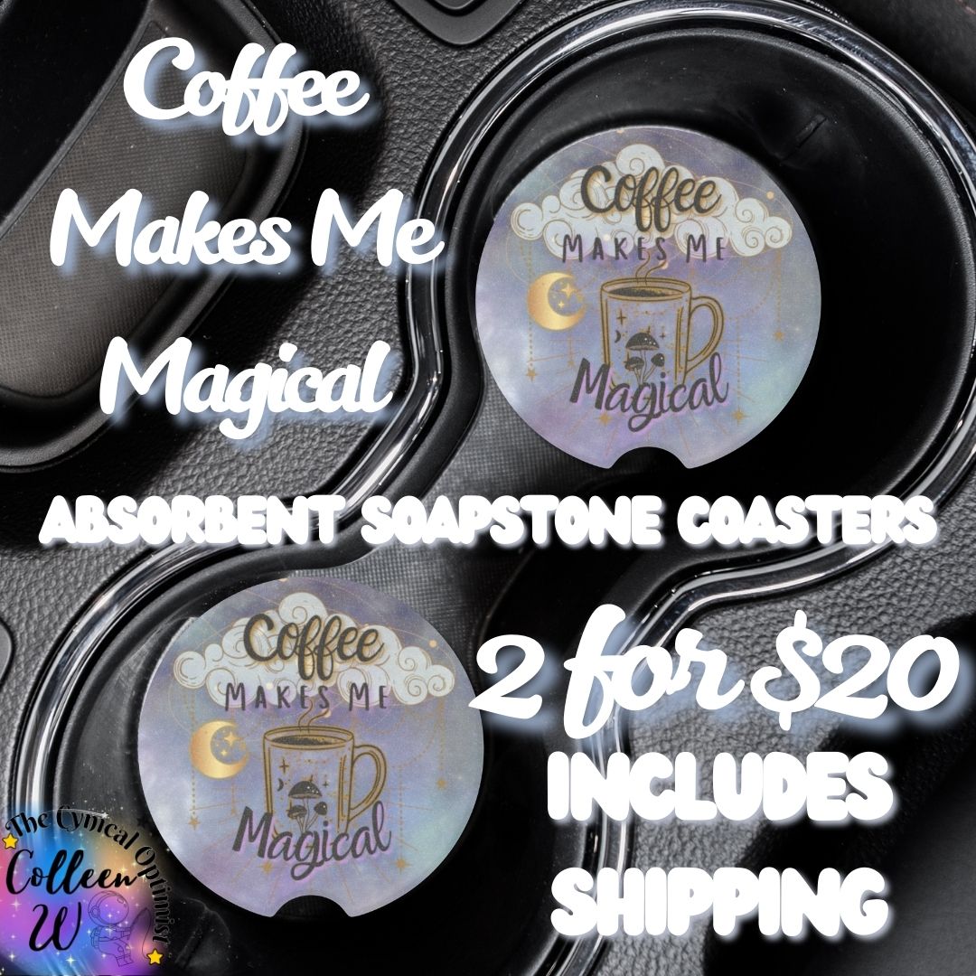 Coffee Makes Me Magical | Teal & Gold Clouds Car Coaster | Coffee Lover Gift