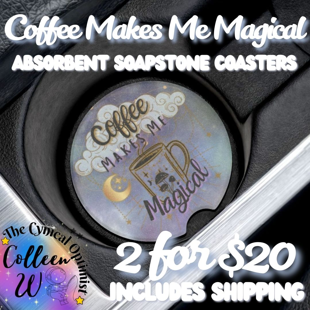 Coffee Makes Me Magical | Teal & Gold Clouds Car Coaster | Coffee Lover Gift