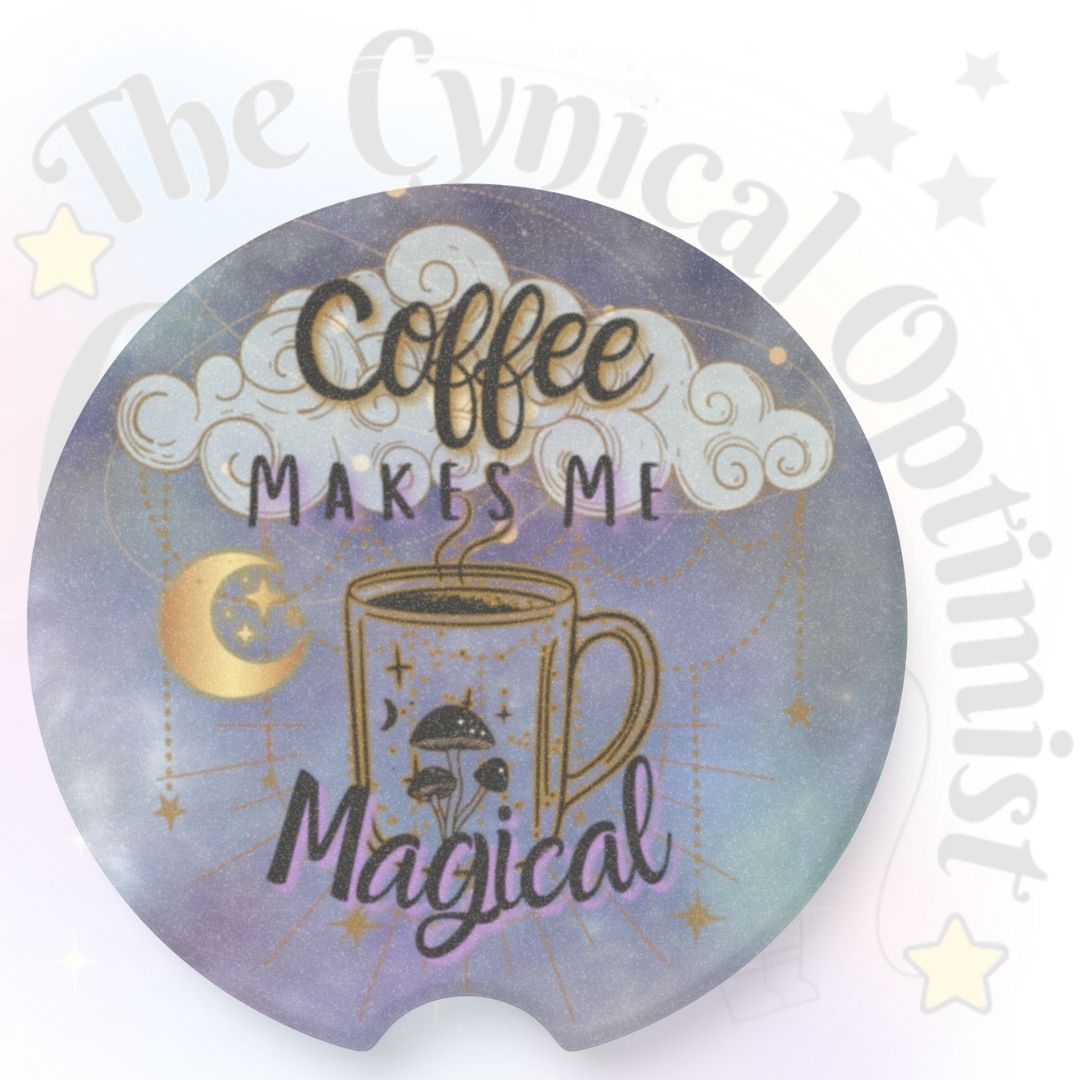 Coffee Makes Me Magical | Teal & Gold Clouds Car Coaster | Coffee Lover Gift
