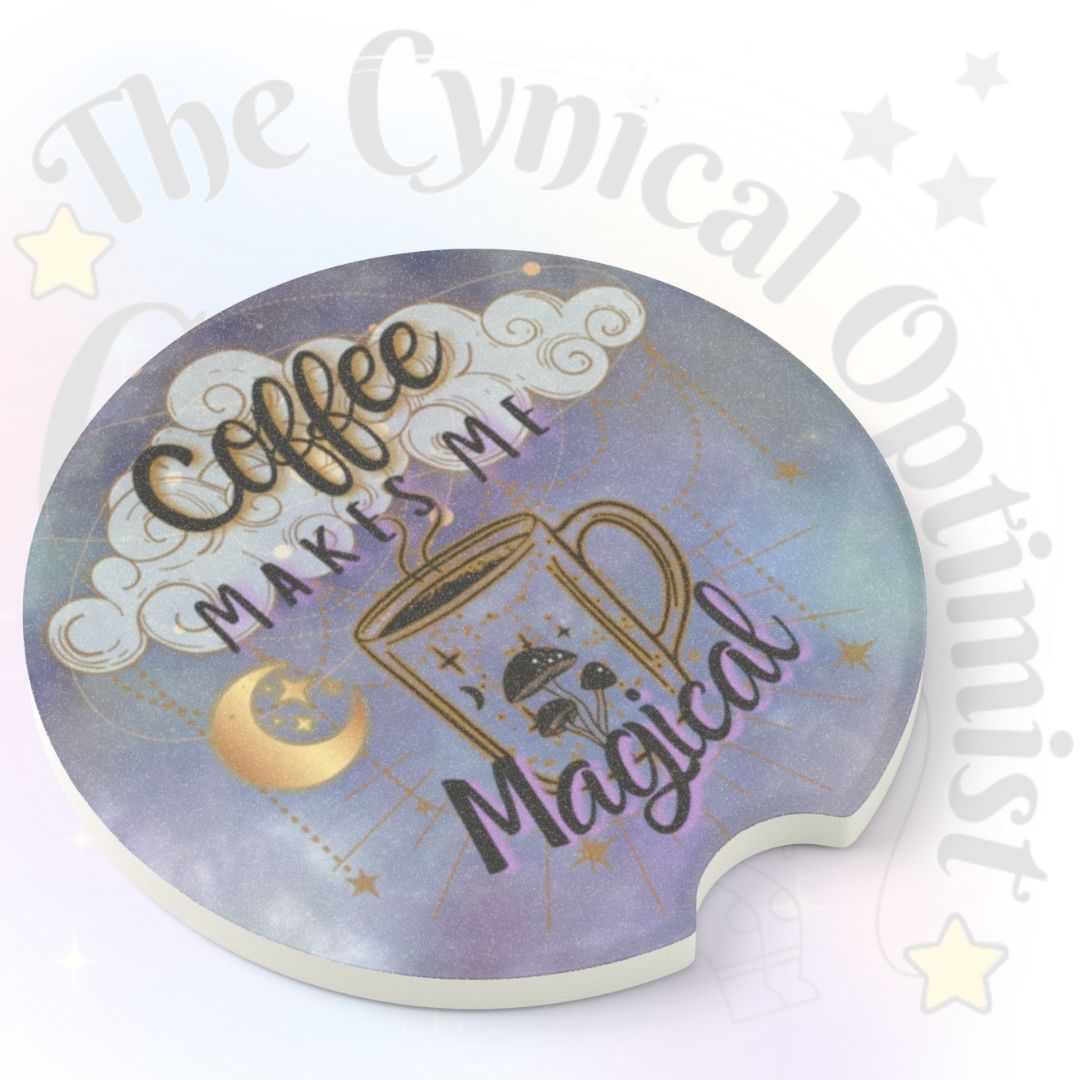 Coffee Makes Me Magical | Teal & Gold Clouds Car Coaster | Coffee Lover Gift