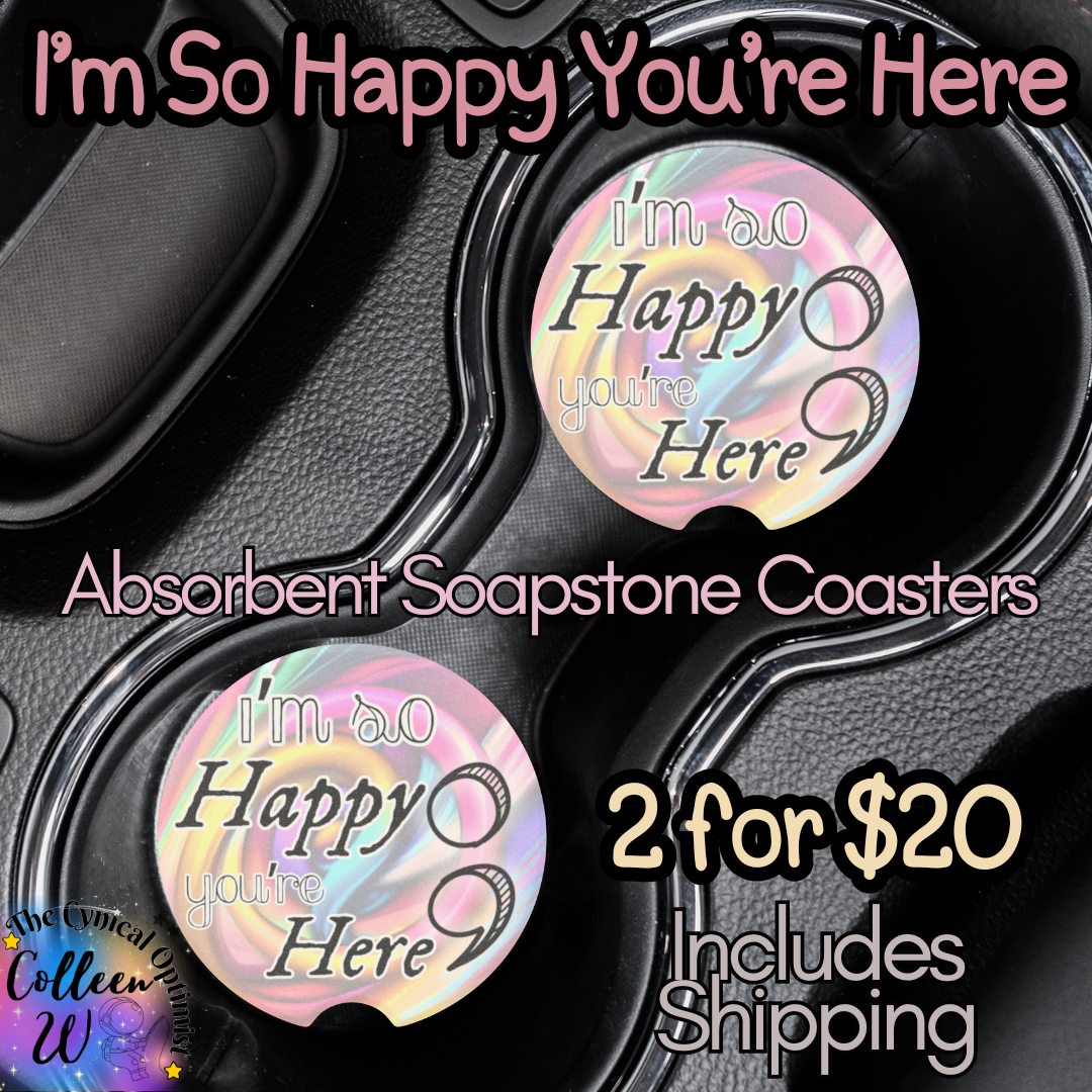 Car Coaster Set, Absorbent Cup Holder Coasters, Swirly Pastel Design, Survivor | I'm So Happy You're Here Semicolon | Free Shipping