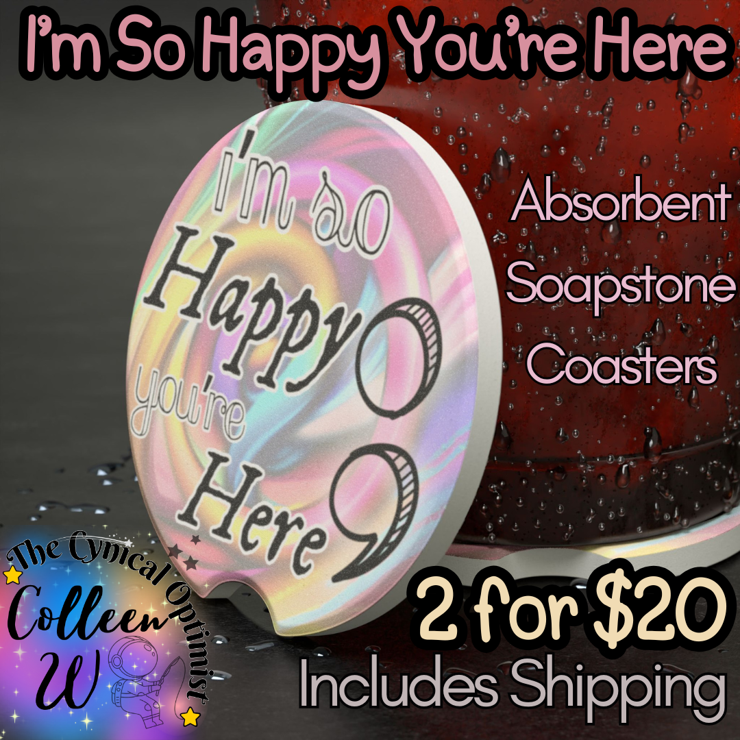 Car Coaster Set, Absorbent Cup Holder Coasters, Swirly Pastel Design, Survivor | I'm So Happy You're Here Semicolon | Free Shipping