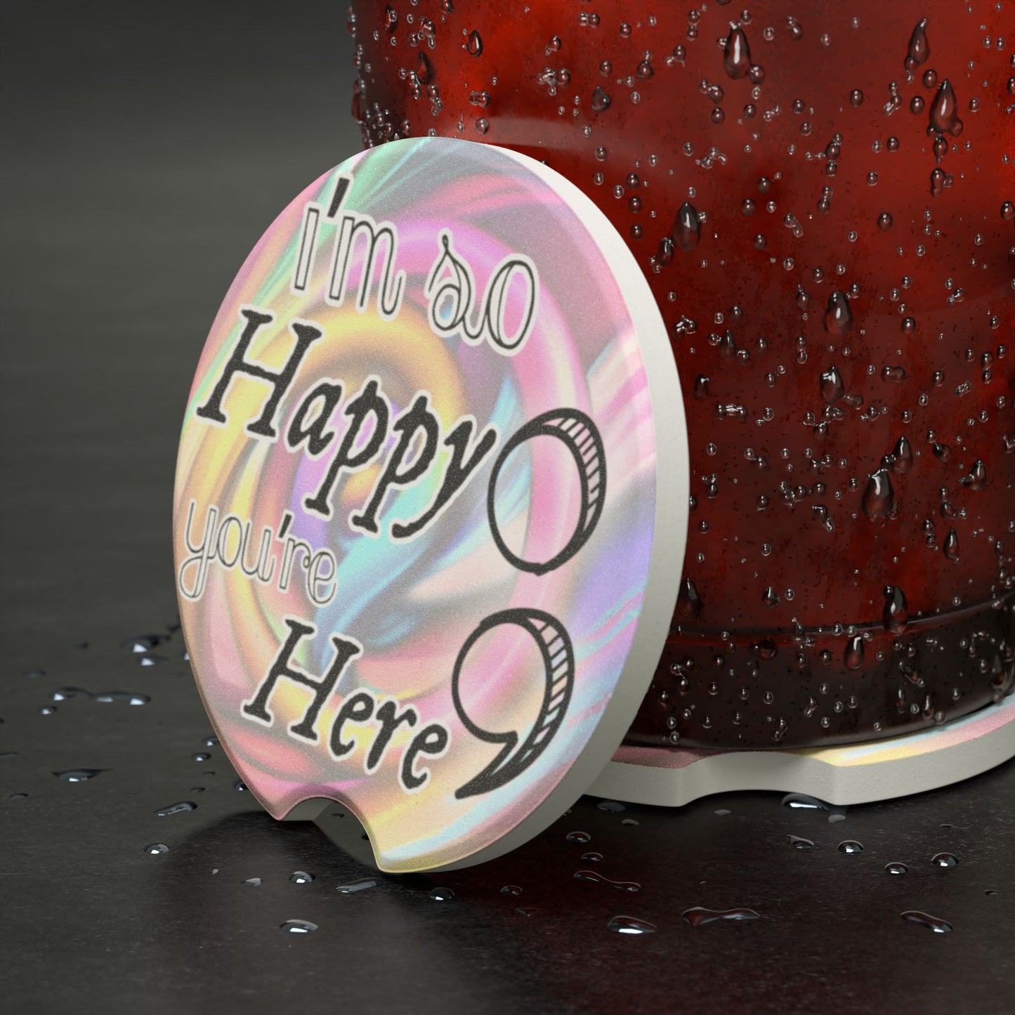 Car Coaster Set, Absorbent Cup Holder Coasters, Swirly Pastel Design, Survivor | I'm So Happy You're Here Semicolon | Free Shipping