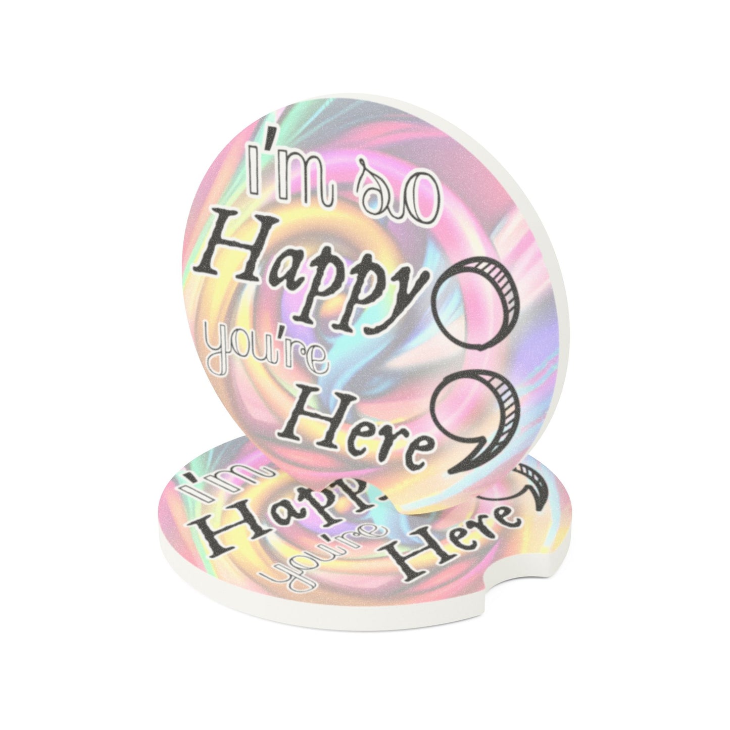 Car Coaster Set, Absorbent Cup Holder Coasters, Swirly Pastel Design, Survivor | I'm So Happy You're Here Semicolon | Free Shipping
