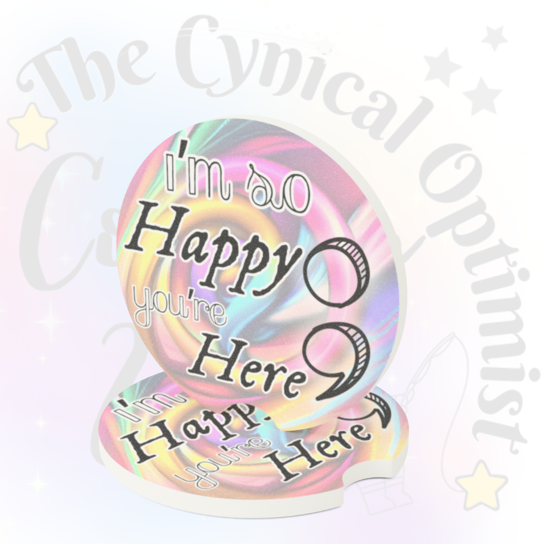 Car Coaster Set, Absorbent Cup Holder Coasters, Swirly Pastel Design, Survivor | I'm So Happy You're Here Semicolon | Free Shipping